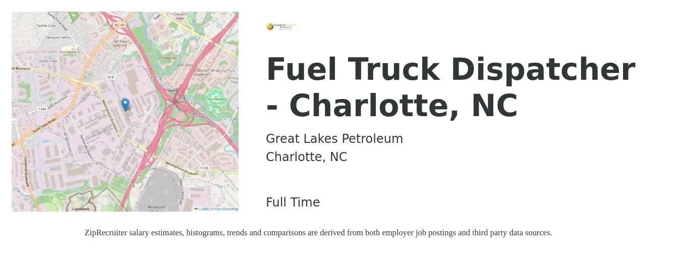 Great Lakes Petroleum job posting for a Fuel Truck Dispatcher - Charlotte, NC in Charlotte, NC with a salary of $19 to $25 Hourly with a map of Charlotte location.