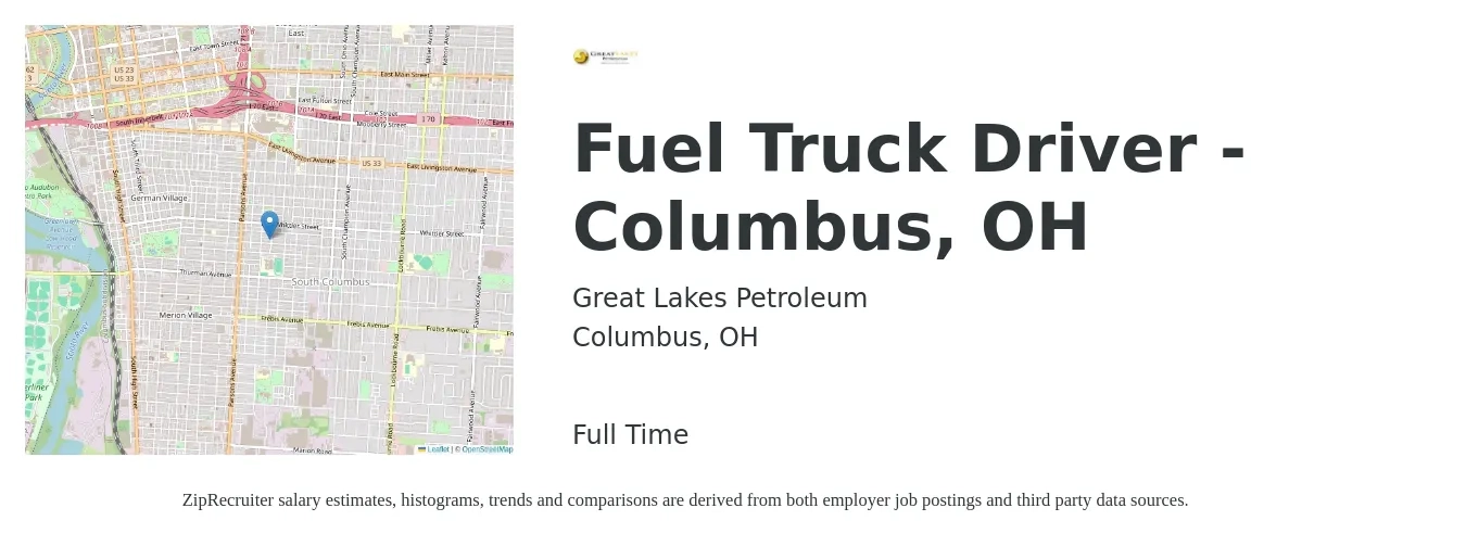 Great Lakes Petroleum job posting for a Fuel Truck Driver - Columbus, OH in Columbus, OH with a salary of $24 to $32 Hourly with a map of Columbus location.