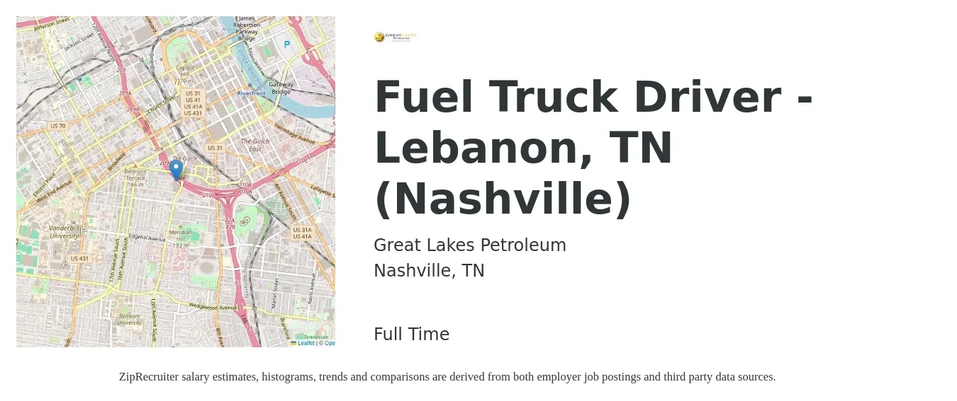 Great Lakes Petroleum job posting for a Fuel Truck Driver - Lebanon, TN (Nashville) in Nashville, TN with a salary of $25 to $34 Hourly with a map of Nashville location.