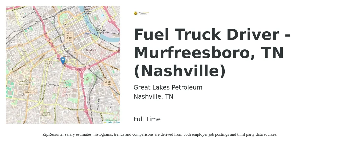 Great Lakes Petroleum job posting for a Fuel Truck Driver - Murfreesboro, TN (Nashville) in Nashville, TN with a salary of $25 to $34 Hourly with a map of Nashville location.