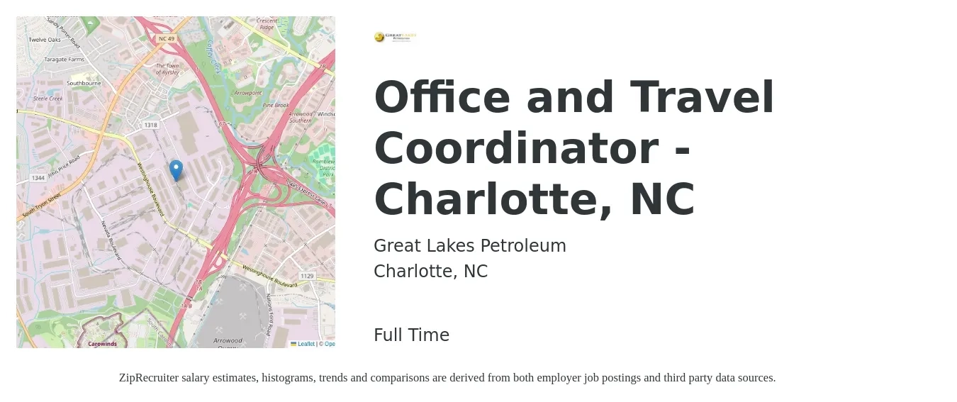 Great Lakes Petroleum job posting for a Office and Travel Coordinator - Charlotte, NC in Charlotte, NC with a salary of $17 to $22 Hourly with a map of Charlotte location.