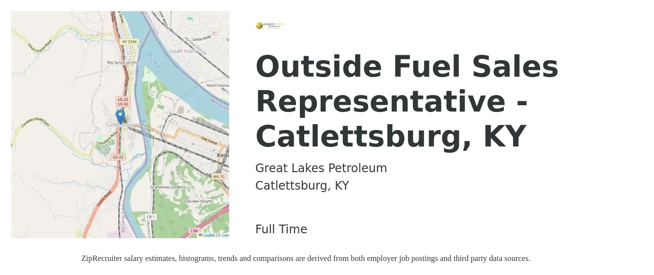 Great Lakes Petroleum Co job posting for a Outside Fuel Sales Representative - Catlettsburg, KY in Catlettsburg, KY with a salary of $43,300 to $74,200 Yearly with a map of Catlettsburg location.