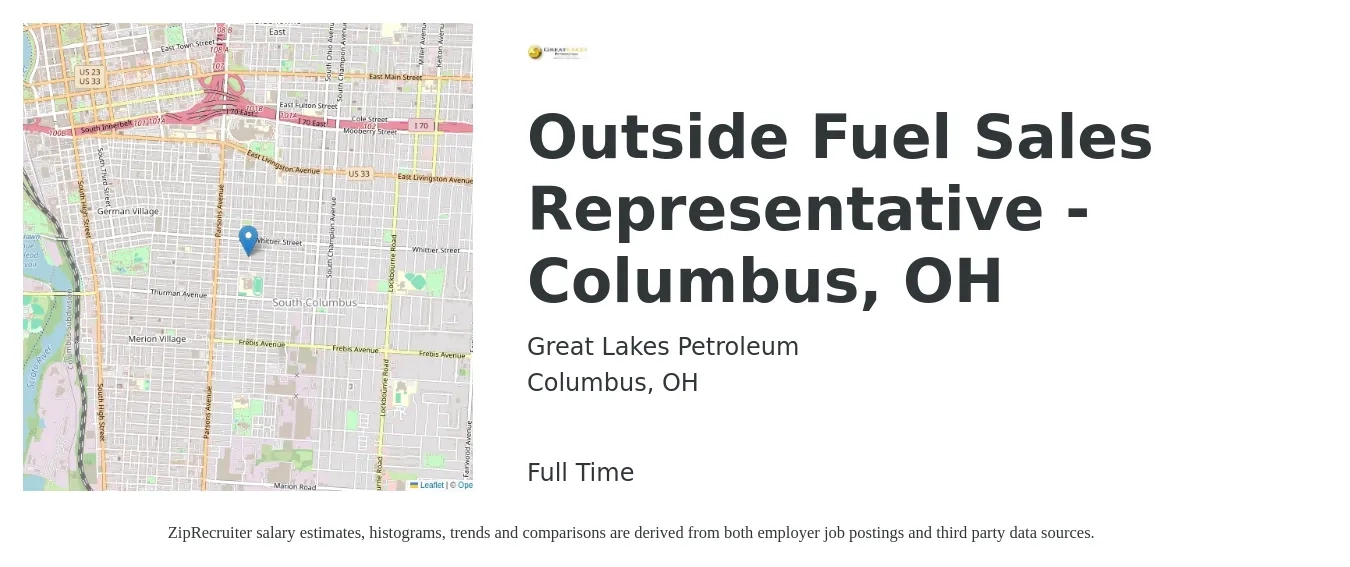 Great Lakes Petroleum Co job posting for a Outside Fuel Sales Representative - Columbus, OH in Columbus, OH with a salary of $50,700 to $86,900 Yearly with a map of Columbus location.