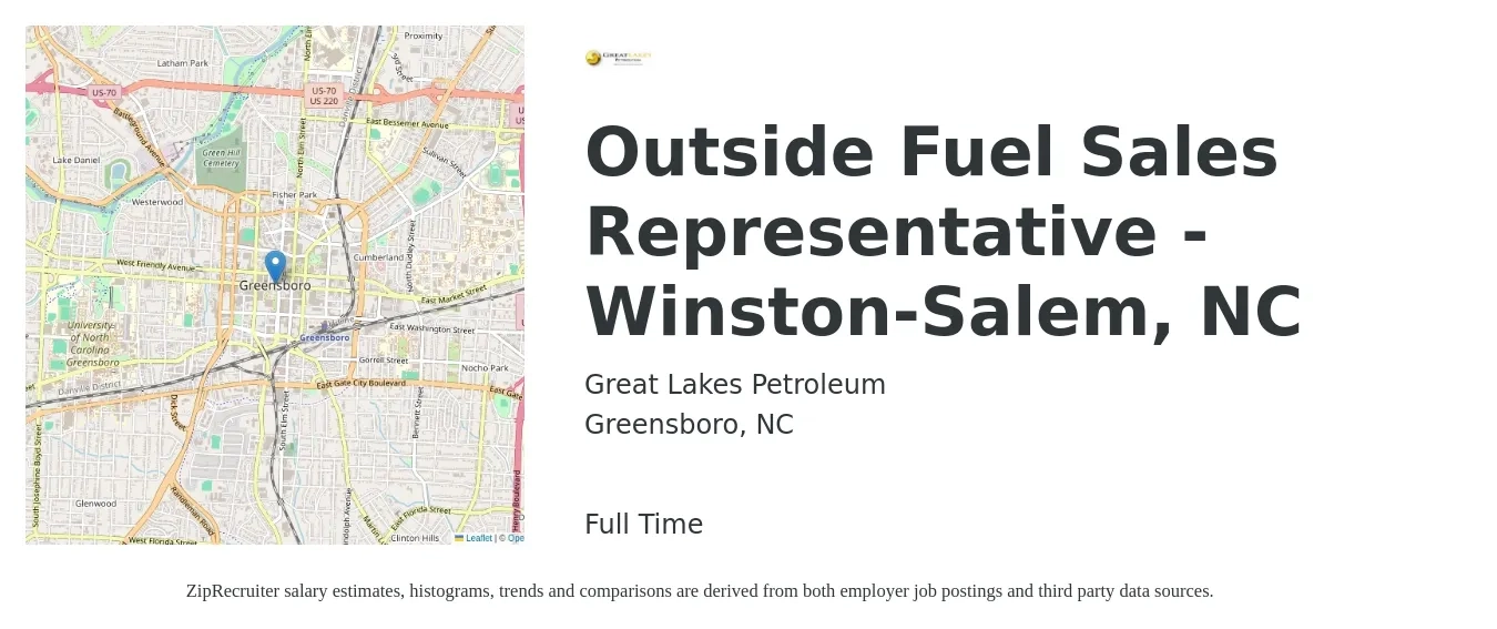 Great Lakes Petroleum Co job posting for a Outside Fuel Sales Representative - Winston-Salem, NC in Greensboro, NC with a salary of $50,900 to $87,200 Yearly with a map of Greensboro location.