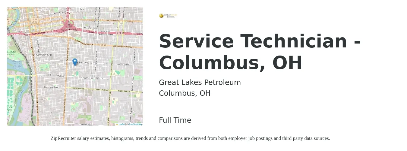 Great Lakes Petroleum job posting for a Service Technician - Columbus, OH in Columbus, OH with a salary of $18 to $26 Hourly with a map of Columbus location.