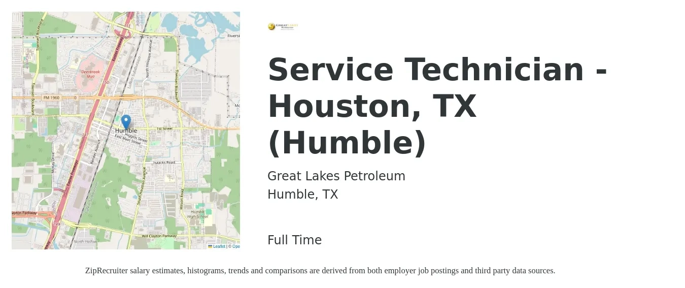 Great Lakes Petroleum job posting for a Service Technician - Houston, TX (Humble) in Humble, TX with a salary of $17 to $25 Hourly with a map of Humble location.