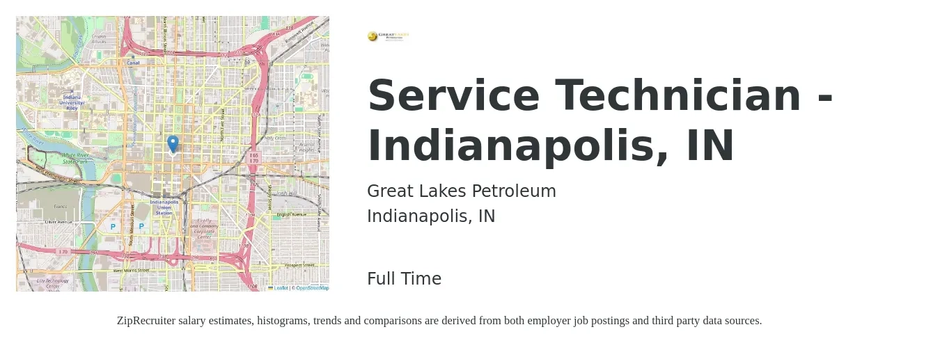 Great Lakes Petroleum job posting for a Service Technician - Indianapolis, IN in Indianapolis, IN with a salary of $19 to $26 Hourly with a map of Indianapolis location.