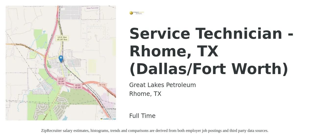Great Lakes Petroleum job posting for a Service Technician - Rhome, TX (Dallas/Fort Worth) in Rhome, TX with a salary of $19 to $28 Hourly with a map of Rhome location.