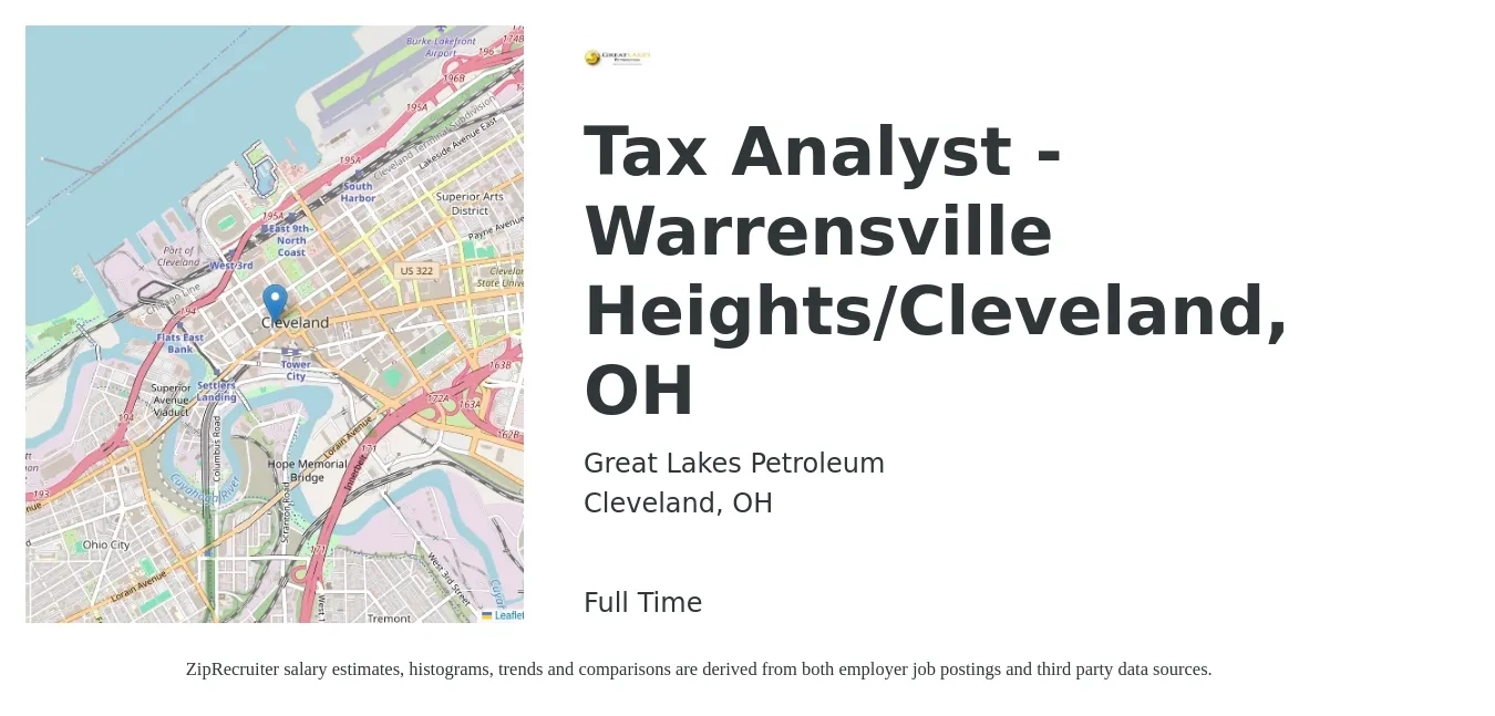 Great Lakes Petroleum job posting for a Tax Analyst - Warrensville Heights/Cleveland, OH in Cleveland, OH with a salary of $55,300 to $95,500 Yearly with a map of Cleveland location.