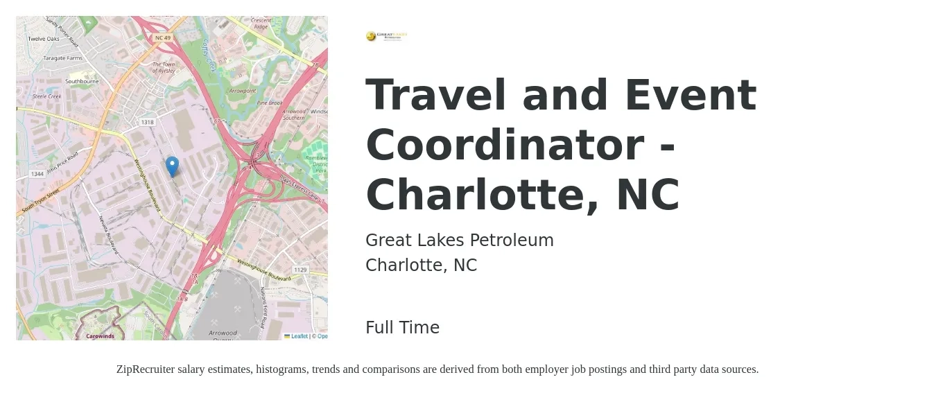 Great Lakes Petroleum job posting for a Travel and Event Coordinator - Charlotte, NC in Charlotte, NC with a salary of $19 to $27 Hourly with a map of Charlotte location.
