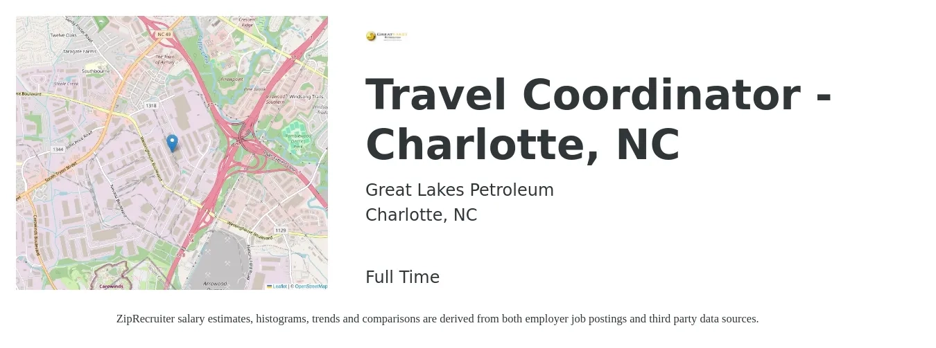Great Lakes Petroleum job posting for a Travel Coordinator - Charlotte, NC in Charlotte, NC with a salary of $19 to $27 Hourly with a map of Charlotte location.
