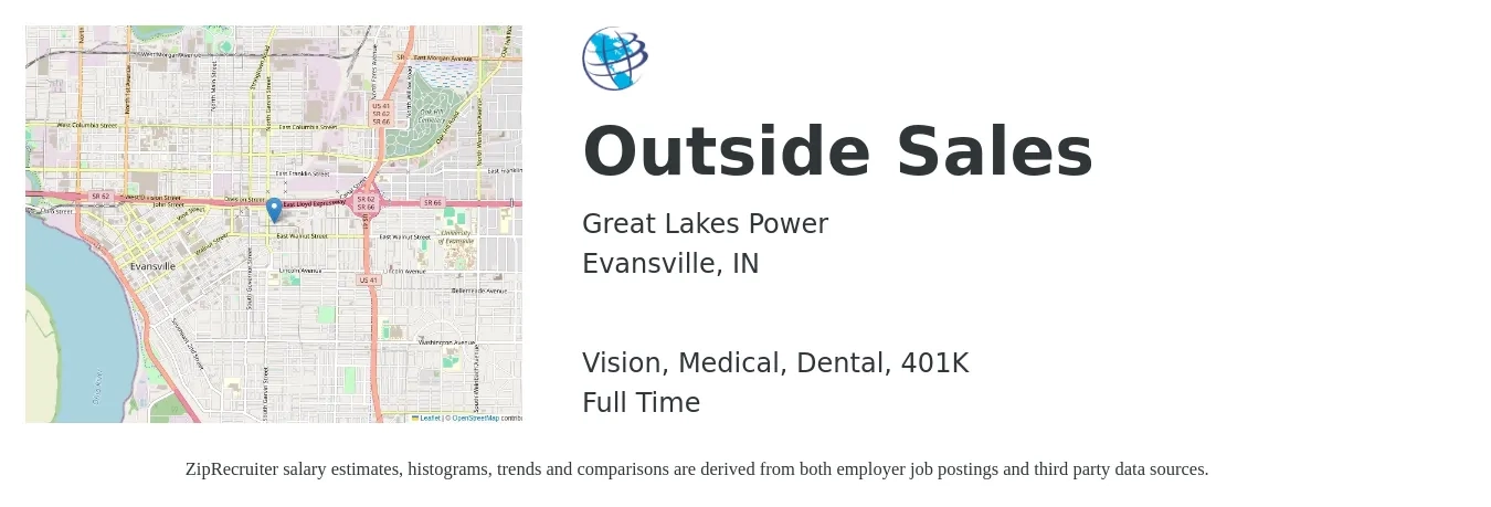 Great Lakes Power job posting for a Outside Sales in Evansville, IN with a salary of $50,100 to $85,800 Yearly and benefits including vision, 401k, dental, life_insurance, and medical with a map of Evansville location.