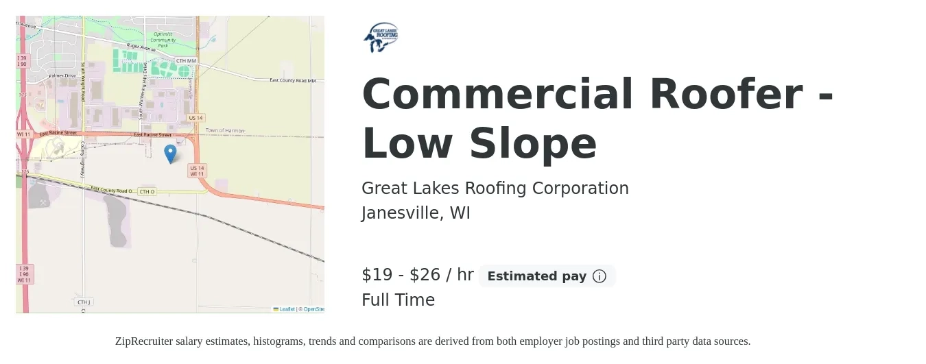 Great Lakes Roofing Corporation job posting for a Commercial Roofer - Low Slope in Janesville, WI with a salary of $20 to $28 Hourly with a map of Janesville location.