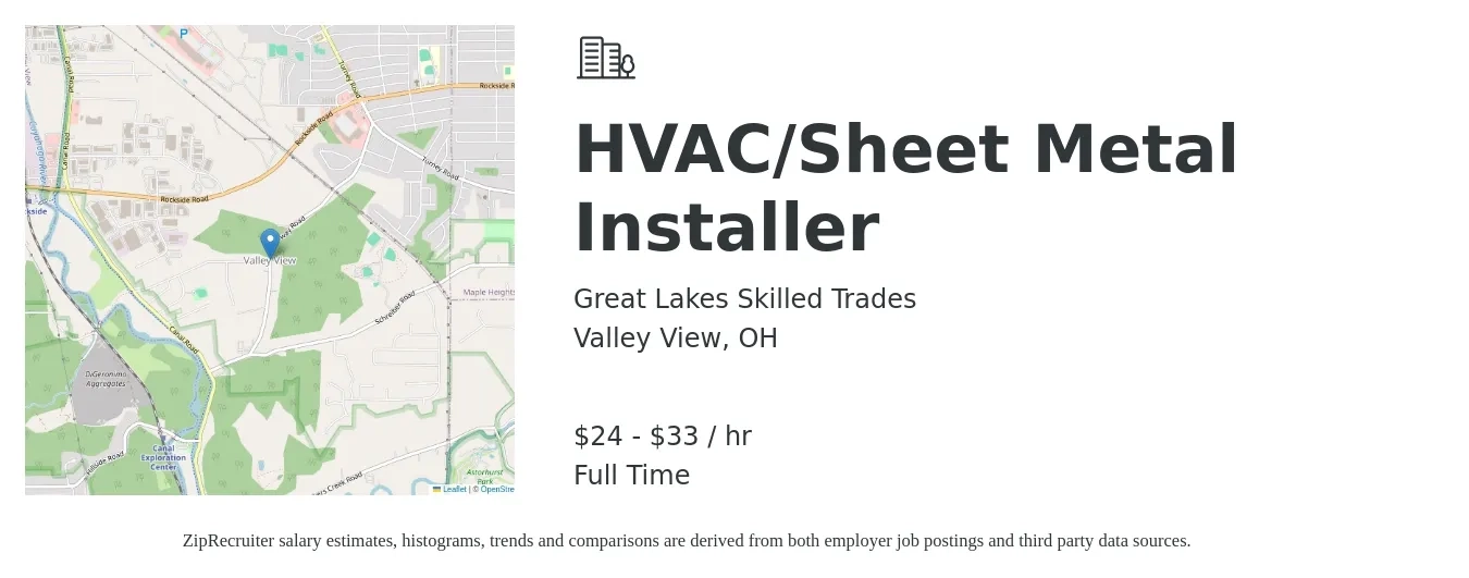 Great Lakes Skilled Trades job posting for a HVAC/Sheet Metal Installer in Valley View, OH with a salary of $25 to $35 Hourly with a map of Valley View location.
