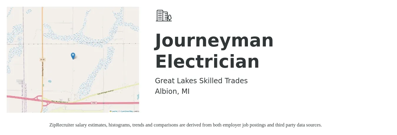 Great Lakes Skilled Trades job posting for a Journeyman Electrician in Albion, MI with a salary of $25 to $34 Hourly with a map of Albion location.
