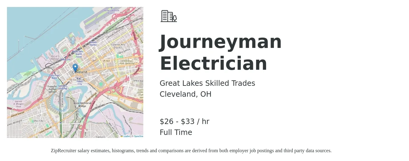 Great Lakes Skilled Trades job posting for a Journeyman Electrician in Cleveland, OH with a salary of $28 to $35 Hourly with a map of Cleveland location.