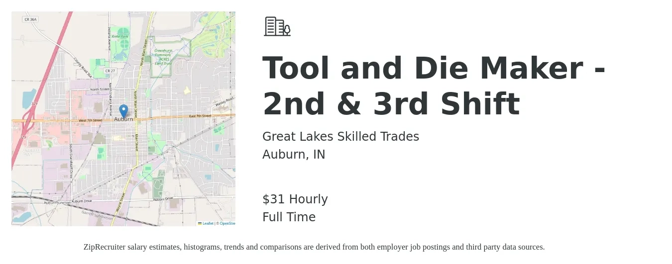 Great Lakes Skilled Trades job posting for a Tool and Die Maker - 2nd & 3rd Shift in Auburn, IN with a salary of $33 Hourly with a map of Auburn location.