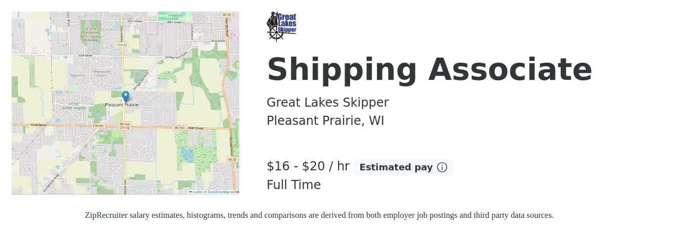 Great Lakes Skipper job posting for a Shipping Associate in Pleasant Prairie, WI with a salary of $17 to $21 Hourly and benefits including pto, and retirement with a map of Pleasant Prairie location.