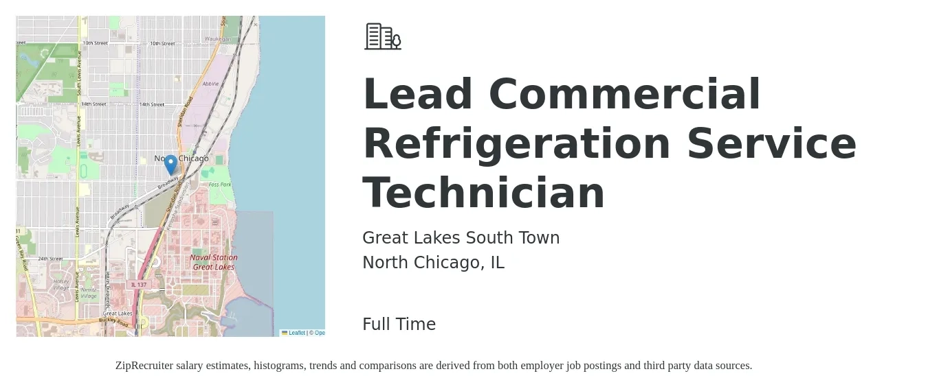 Great Lakes South Town job posting for a Lead Commercial Refrigeration Service Technician in North Chicago, IL with a salary of $26 to $33 Hourly with a map of North Chicago location.