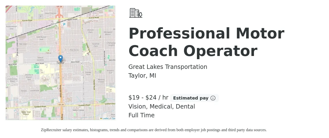Great Lakes Transportation job posting for a Professional Motor Coach Operator in Taylor, MI with a salary of $20 to $25 Hourly and benefits including medical, pto, vision, dental, and life_insurance with a map of Taylor location.
