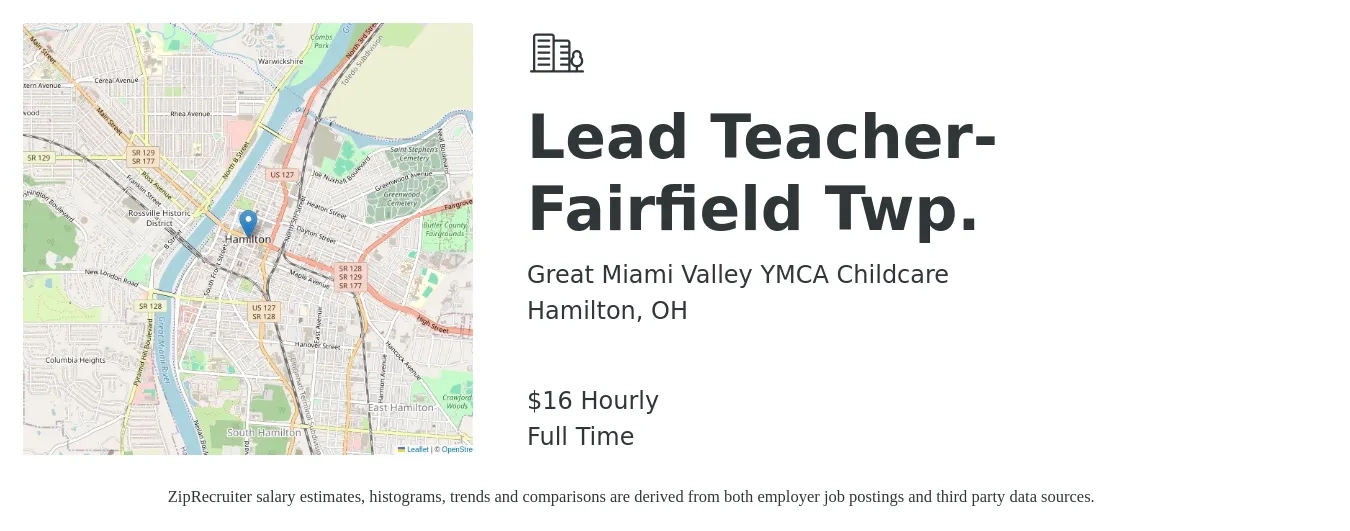 Great Miami Valley YMCA Childcare job posting for a Lead Teacher-Fairfield Twp. in Hamilton, OH with a salary of $17 Hourly with a map of Hamilton location.