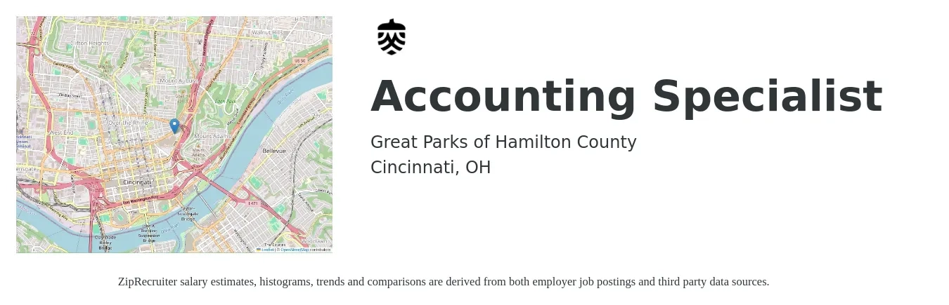 Great Parks of Hamilton County job posting for a Accounting Specialist in Cincinnati, OH with a salary of $22 to $27 Hourly with a map of Cincinnati location.