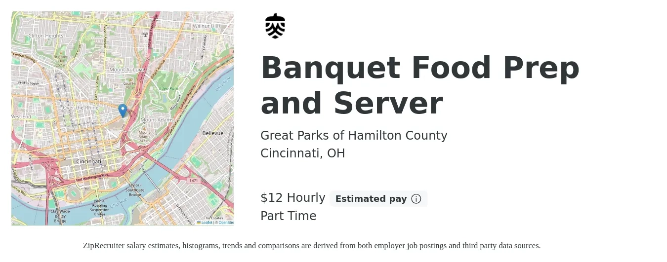Great Parks of Hamilton County job posting for a Banquet Food Prep and Server in Cincinnati, OH with a salary of $13 Hourly with a map of Cincinnati location.