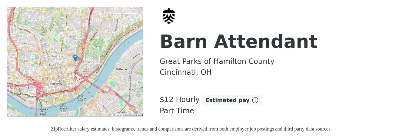Great Parks of Hamilton County job posting for a Barn Attendant in Cincinnati, OH with a salary of $13 Hourly with a map of Cincinnati location.