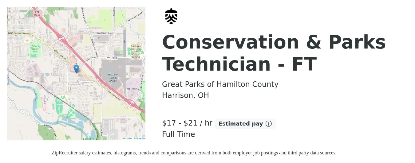 Great Parks of Hamilton County job posting for a Conservation & Parks Technician - FT in Harrison, OH with a salary of $18 to $23 Hourly with a map of Harrison location.