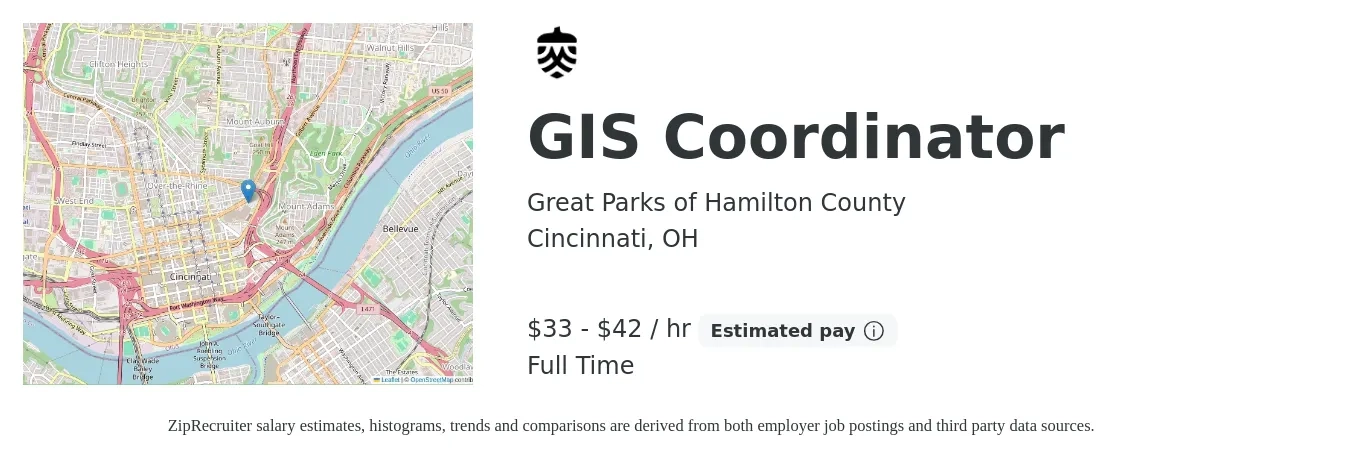 Great Parks of Hamilton County job posting for a GIS Coordinator in Cincinnati, OH with a salary of $35 to $44 Hourly with a map of Cincinnati location.