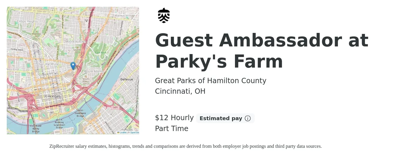Great Parks of Hamilton County job posting for a Guest Ambassador at Parky's Farm in Cincinnati, OH with a salary of $13 Hourly with a map of Cincinnati location.