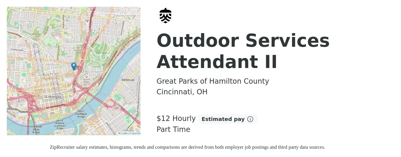 Great Parks of Hamilton County job posting for a Outdoor Services Attendant II in Cincinnati, OH with a salary of $13 Hourly with a map of Cincinnati location.