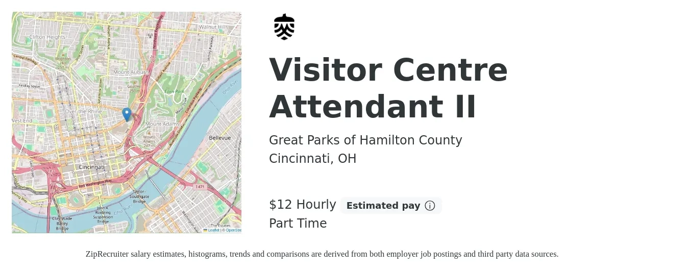 Great Parks of Hamilton County job posting for a Visitor Centre Attendant II in Cincinnati, OH with a salary of $13 Hourly with a map of Cincinnati location.