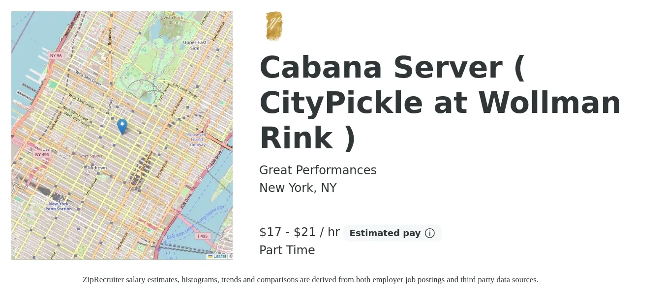 Great Performances job posting for a Cabana Server ( CityPickle at Wollman Rink ) in New York, NY with a salary of $18 to $22 Hourly with a map of New York location.