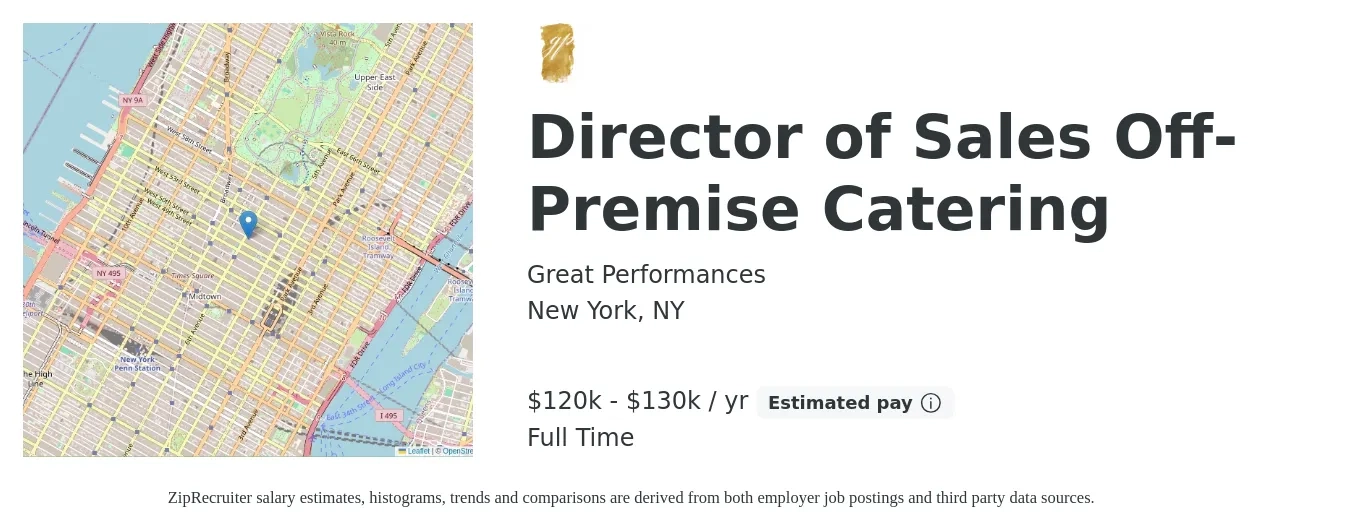 Great Performances job posting for a Director of Sales Off-Premise Catering in New York, NY with a salary of $120,000 to $130,000 Yearly with a map of New York location.