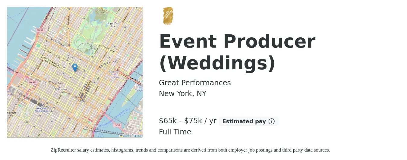 Great Performances job posting for a Event Producer (Weddings) in New York, NY with a salary of $65,000 to $75,000 Yearly with a map of New York location.