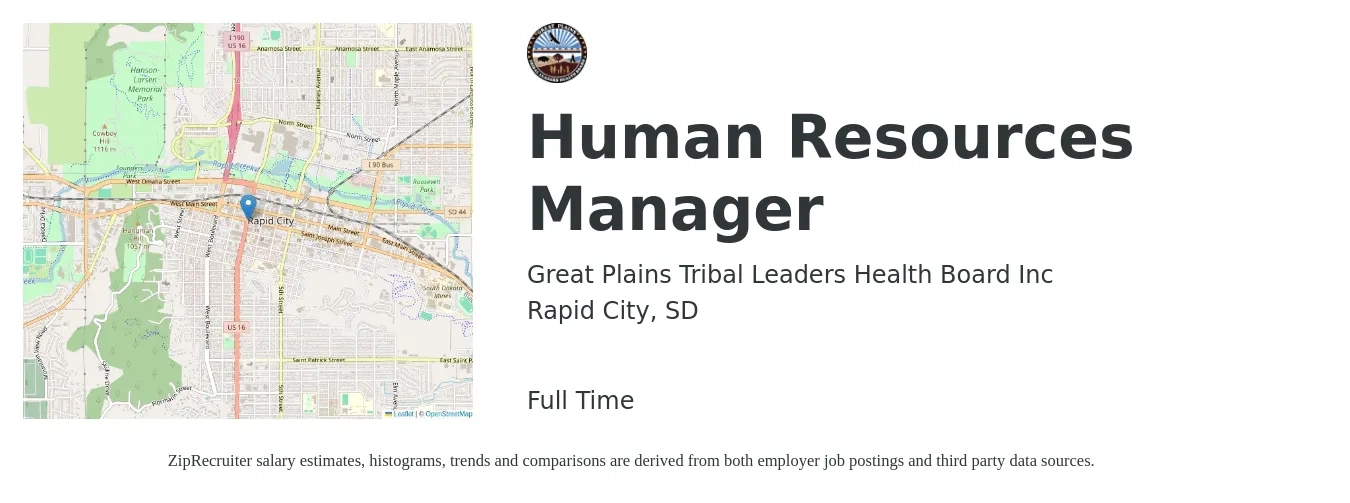 Great Plains Tribal Leaders Health Board Inc job posting for a Human Resources Manager in Rapid City, SD with a salary of $57,800 to $83,700 Yearly with a map of Rapid City location.