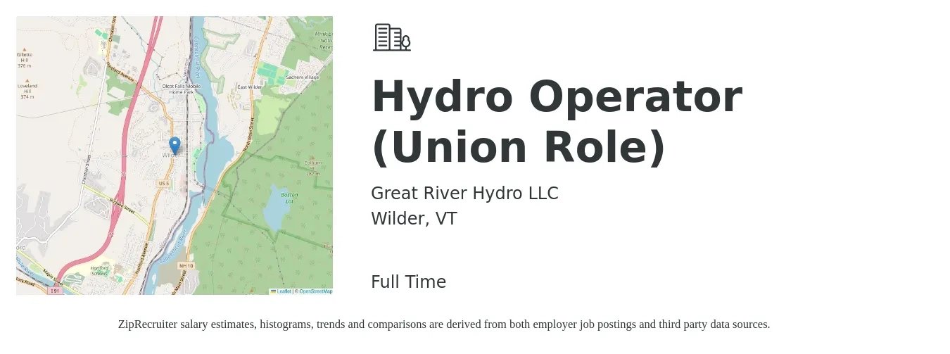 Great River Hydro LLC job posting for a Hydro Operator (Union Role) in Wilder, VT with a salary of $17 to $22 Hourly with a map of Wilder location.