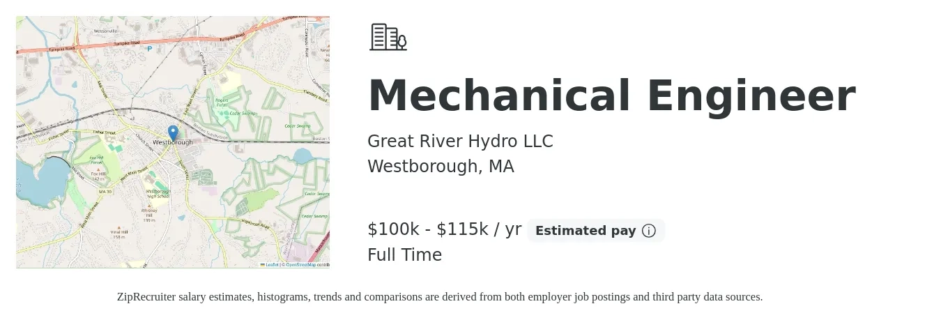 Great River Hydro LLC job posting for a Mechanical Engineer - Renewable Energy in Westborough, MA with a salary of $100,000 to $115,000 Yearly with a map of Westborough location.