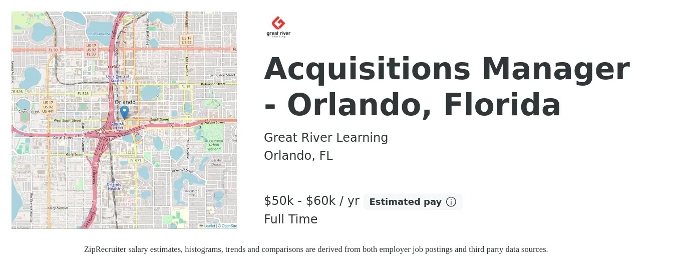 Great River Learning job posting for a Acquisitions Manager - Orlando, Florida in Orlando, FL with a salary of $50,000 to $60,000 Yearly with a map of Orlando location.