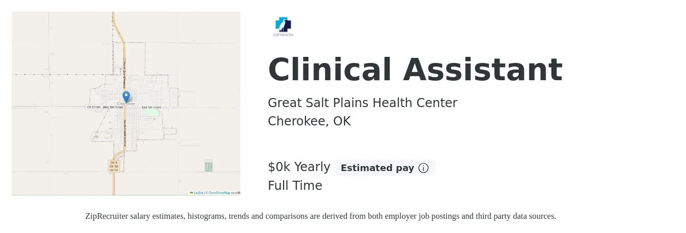 Great Salt Plains Health Center job posting for a Clinical Assistant in Cherokee, OK with a salary of $14 to $16 Yearly with a map of Cherokee location.