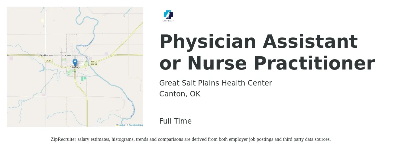 Great Salt Plains Health Center job posting for a Physician Assistant or Nurse Practitioner in Canton, OK with a salary of $88,800 to $114,900 Yearly with a map of Canton location.