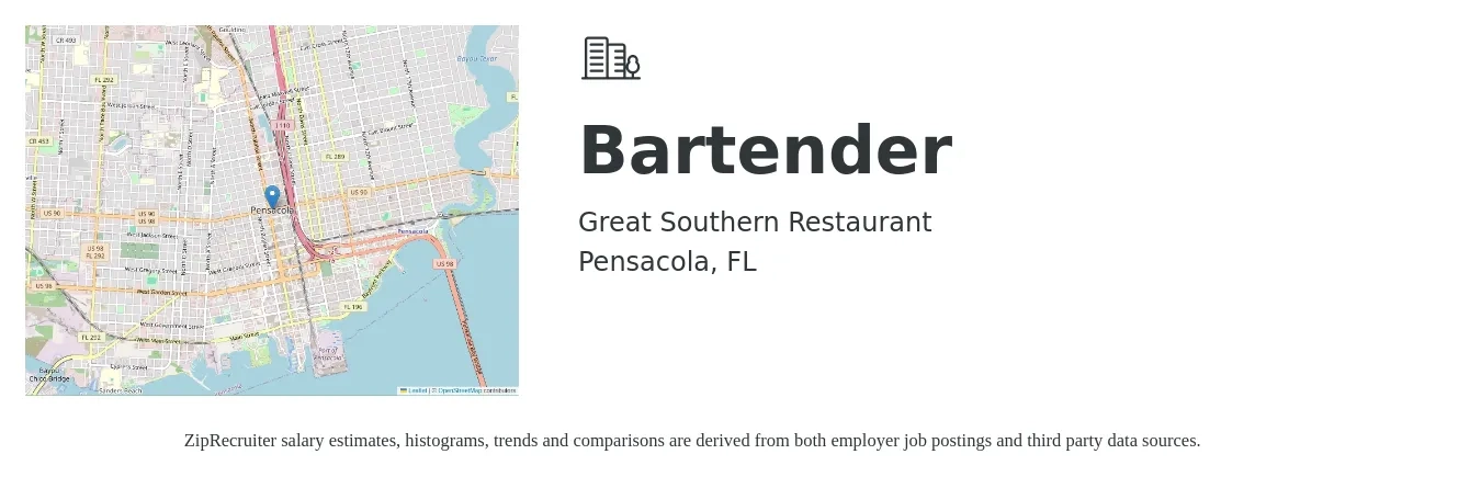 Great Southern Restaurant job posting for a Bartender in Pensacola, FL with a salary of $10 to $18 Hourly with a map of Pensacola location.