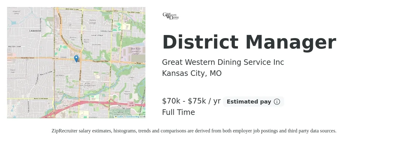 Great Western Dining Service Inc job posting for a District Manager in Kansas City, MO with a salary of $62,900 to $89,700 Yearly with a map of Kansas City location.