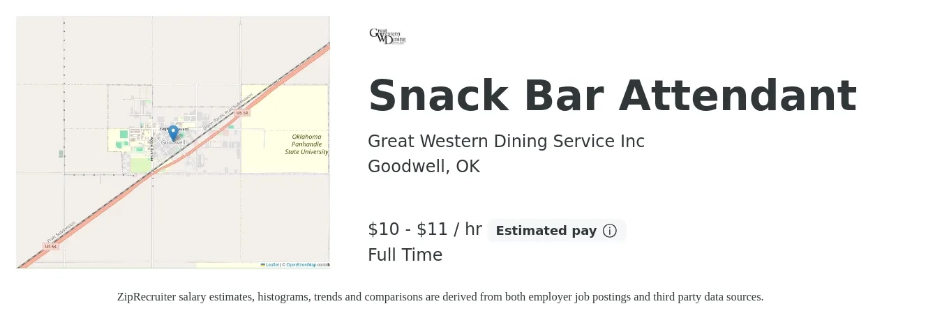 Great Western Dining Service Inc job posting for a Snack Bar Attendant in Goodwell, OK with a salary of $11 to $12 Hourly with a map of Goodwell location.