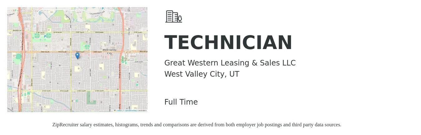 Great Western Leasing & Sales LLC job posting for a TECHNICIAN in West Valley City, UT with a salary of $20 to $28 Hourly with a map of West Valley City location.