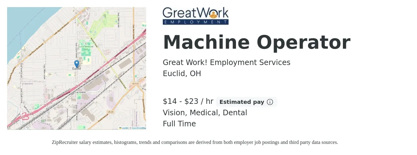 Great Work! Employment Services job posting for a Machine Operator in Euclid, OH with a salary of $15 to $24 Hourly and benefits including medical, pto, retirement, vision, dental, and life_insurance with a map of Euclid location.