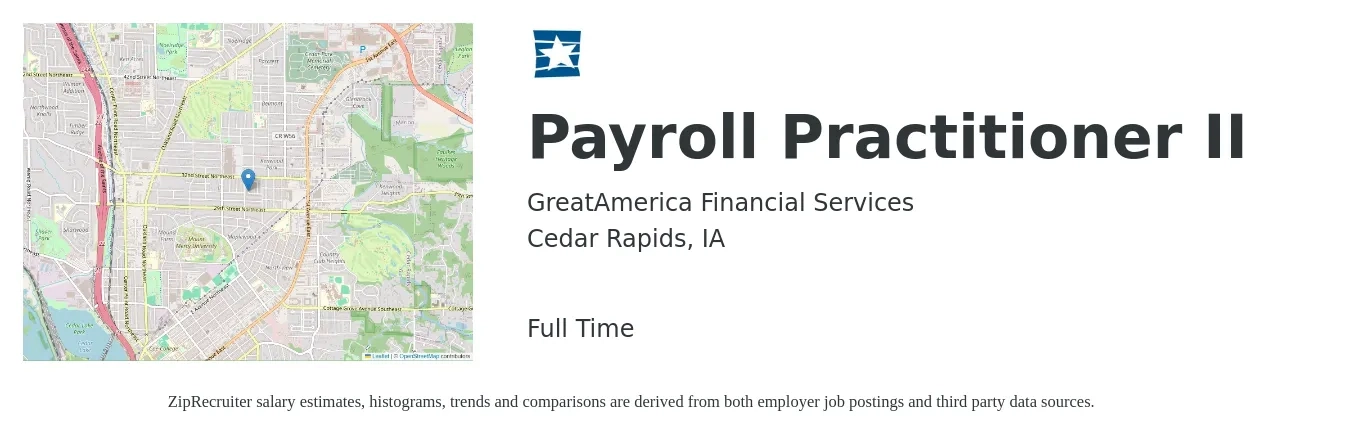 GreatAmerica Financial Services Corporation job posting for a Payroll Practitioner II in Cedar Rapids, IA with a salary of $23 to $31 Hourly with a map of Cedar Rapids location.