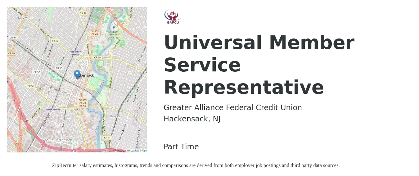Greater Alliance Federal Credit Union job posting for a Universal Member Service Representative in Hackensack, NJ with a salary of $14 to $22 Hourly with a map of Hackensack location.