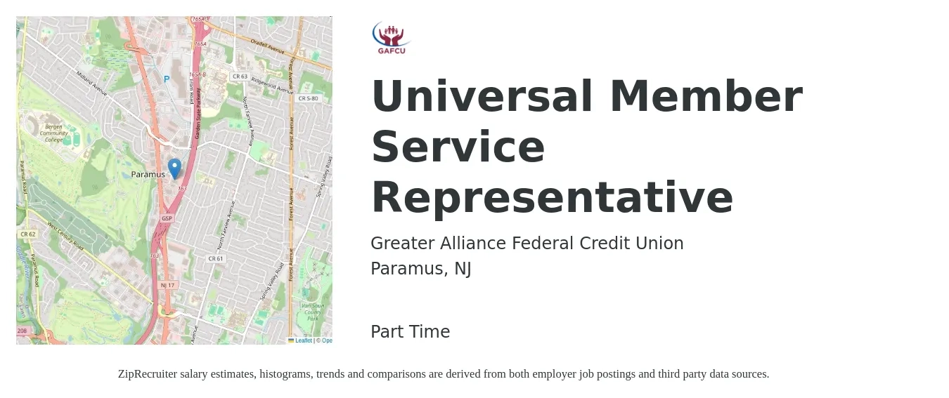 Greater Alliance Federal Credit Union job posting for a Universal Member Service Representative in Paramus, NJ with a salary of $13 to $20 Hourly with a map of Paramus location.